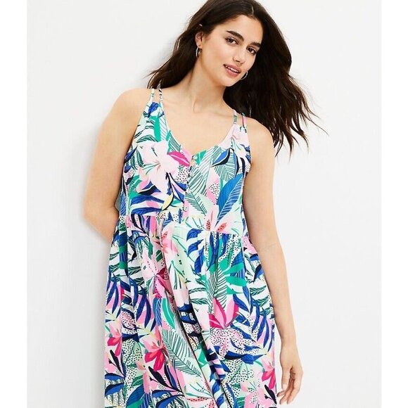 NEW LOFT Palm Double Strap Midi Dress 12 Blue Green Pink Multi Floral 590138 - Picture 2 of 13